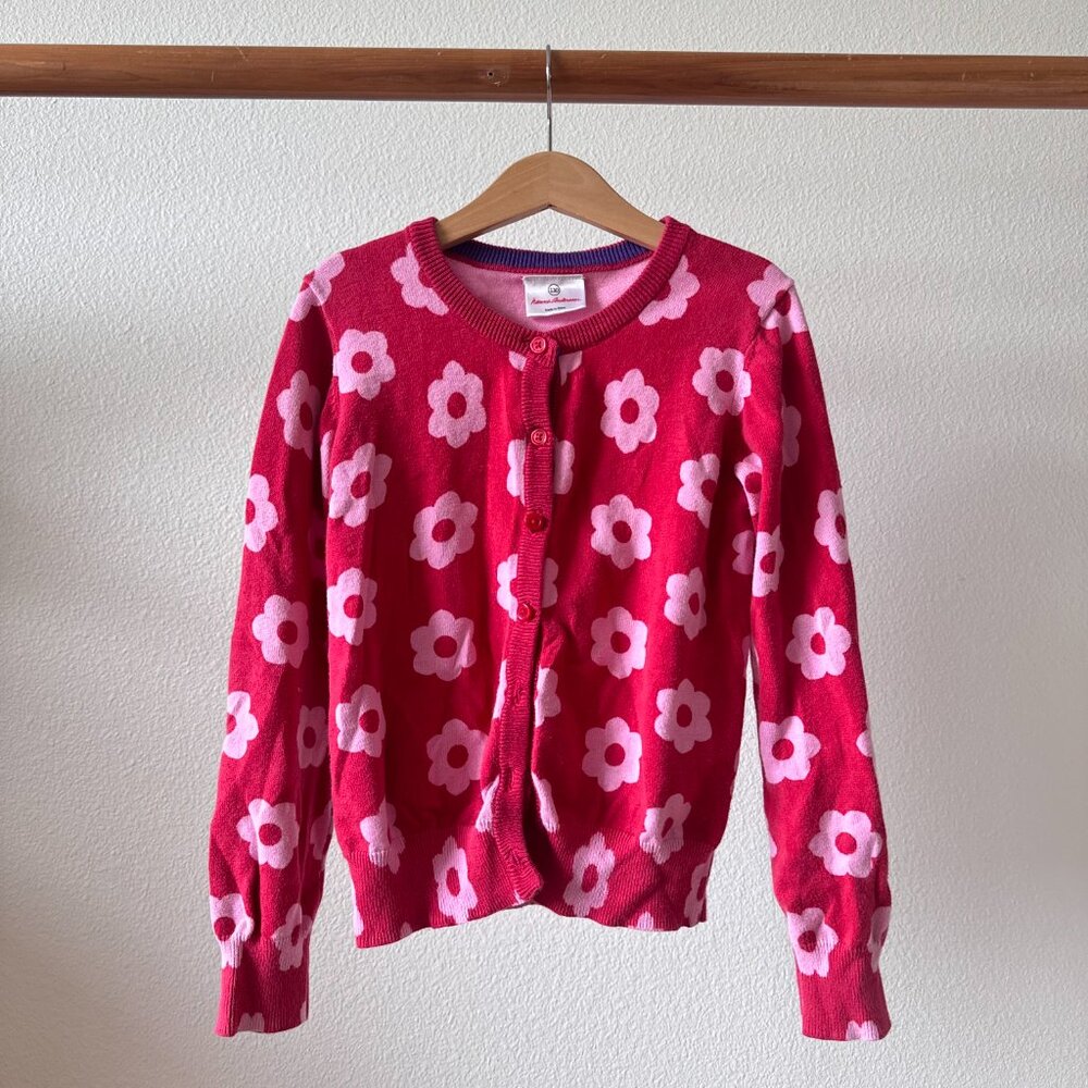 Hanna Andersson Pink Flower Sweater Cardigan Size 8 100% Cotton